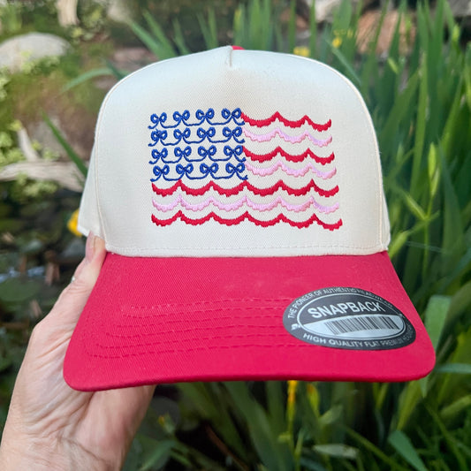 Embroidered Hats- Scallop and Bows American Flag Vintage trucker hat