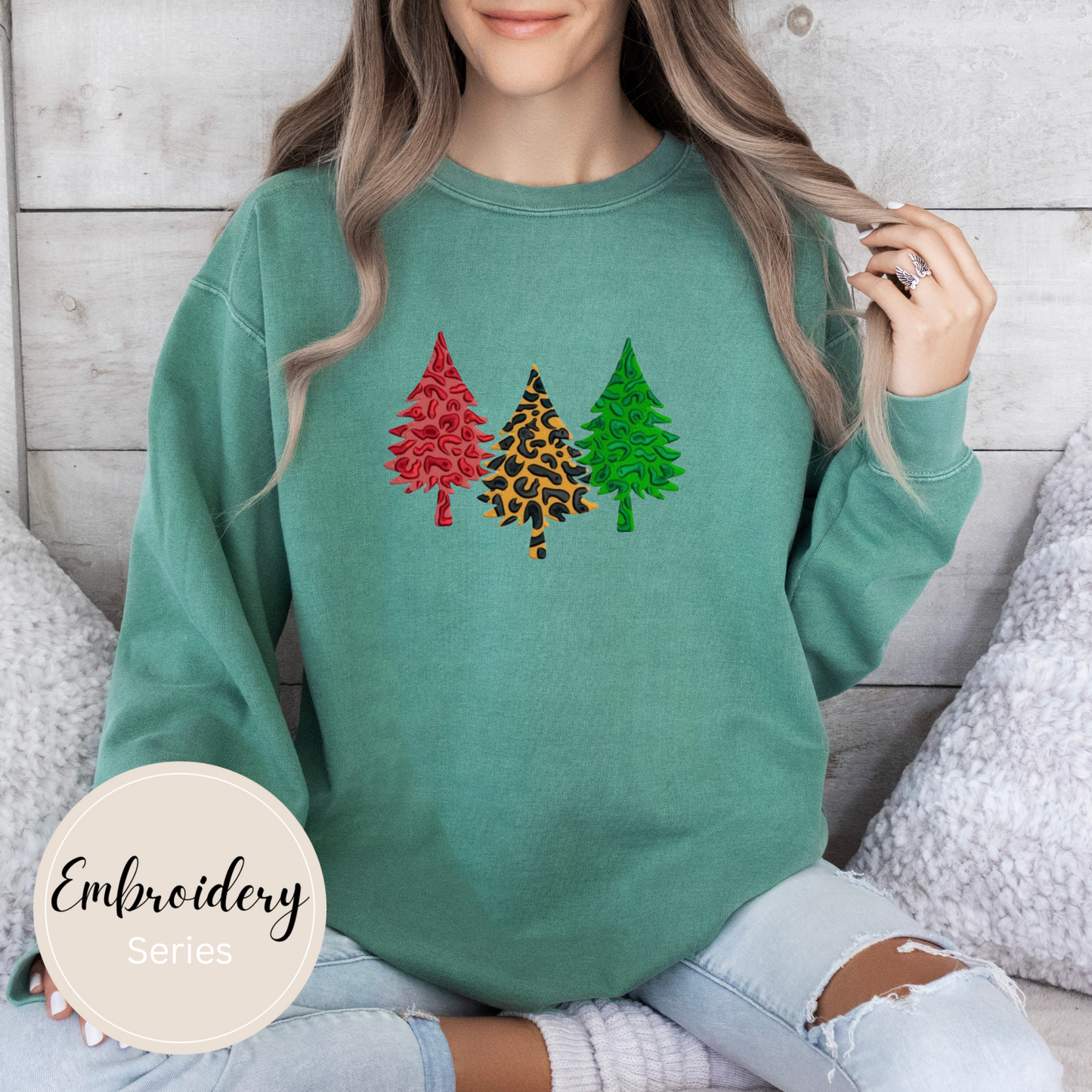 Embroidered Sweatshirt - Leopard Pine Trees