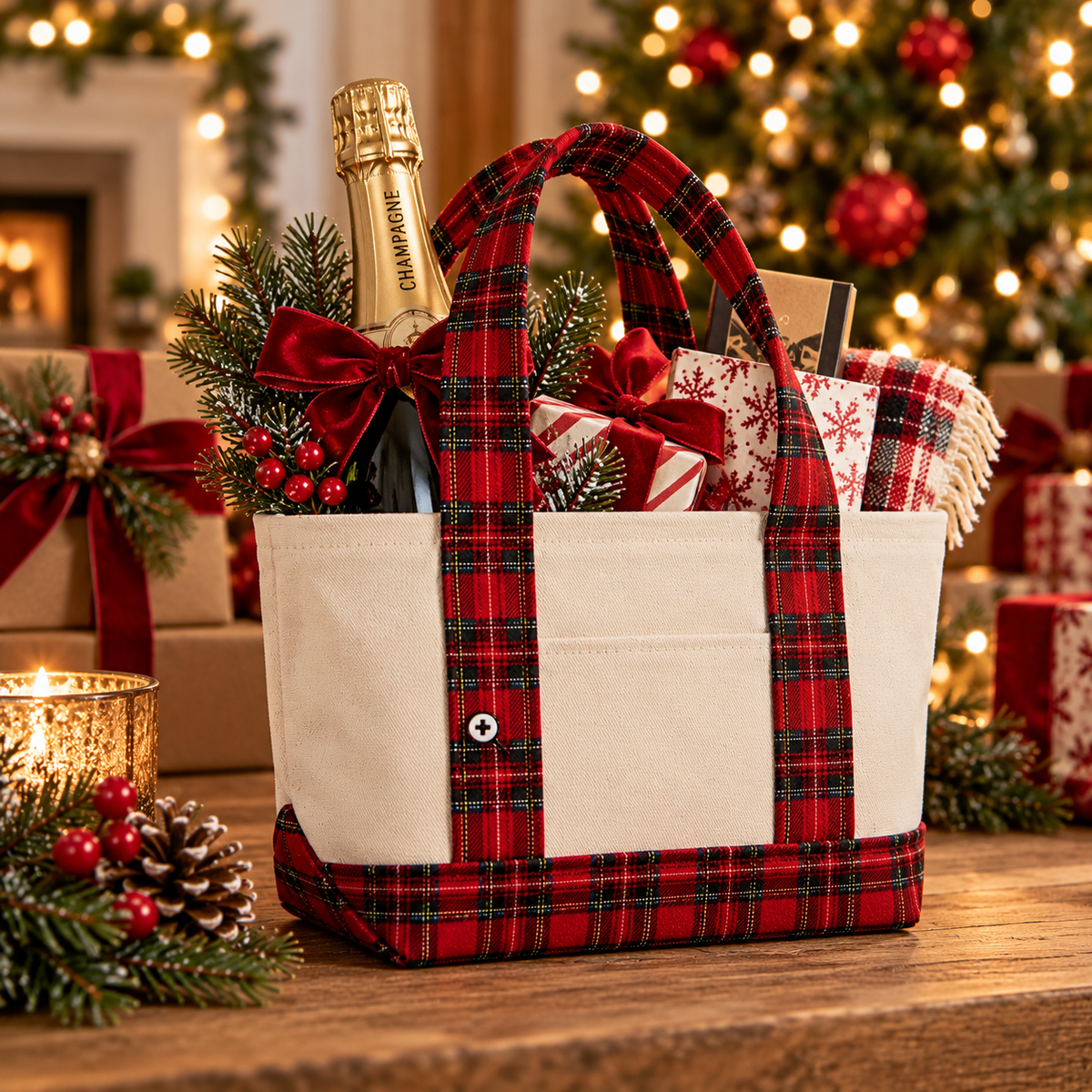 Tote Bags - Personalized Holiday Plaid Tote bag