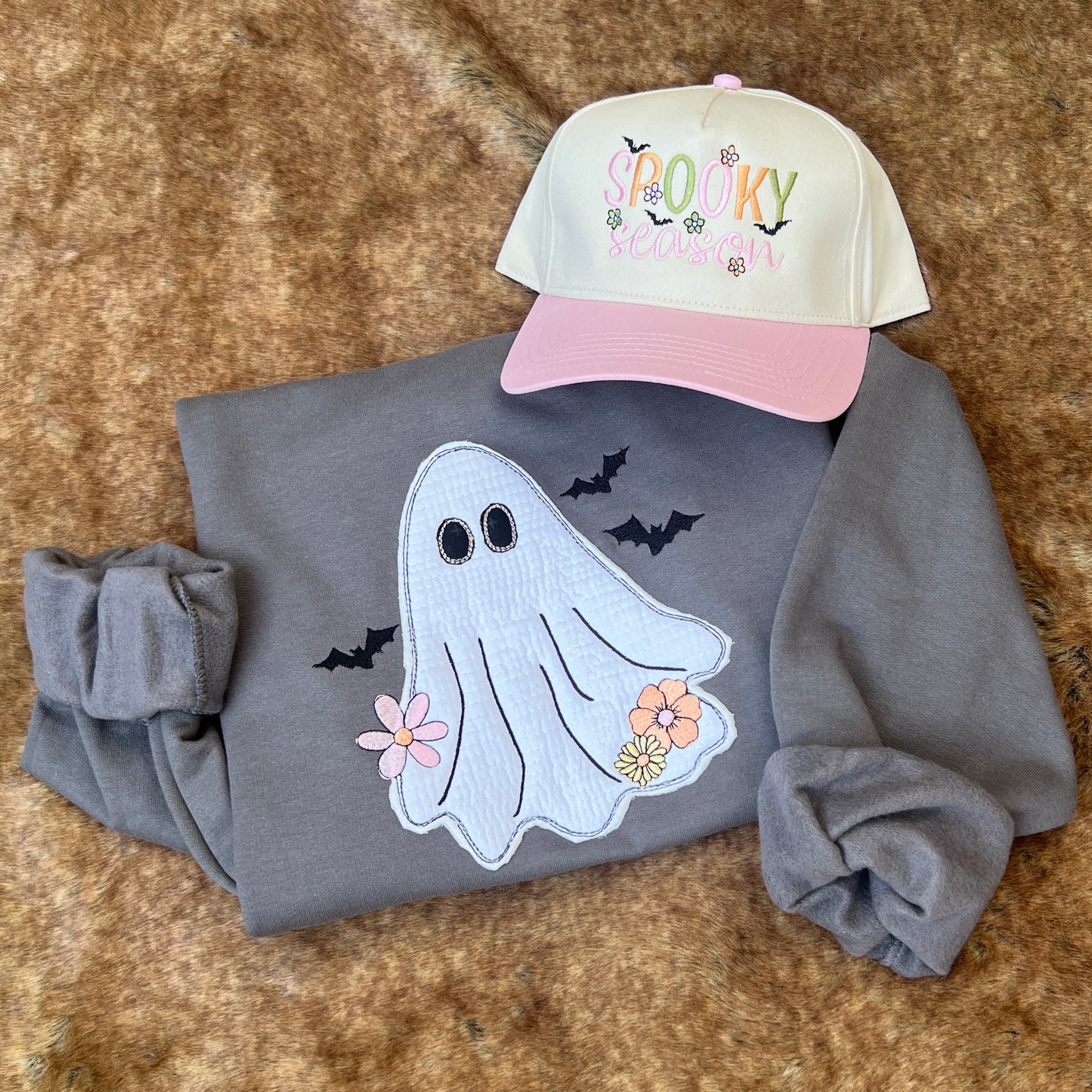 Embroidered Sweatshirt - Vintage Quilt Ghost Boho Appliqué & Flowers