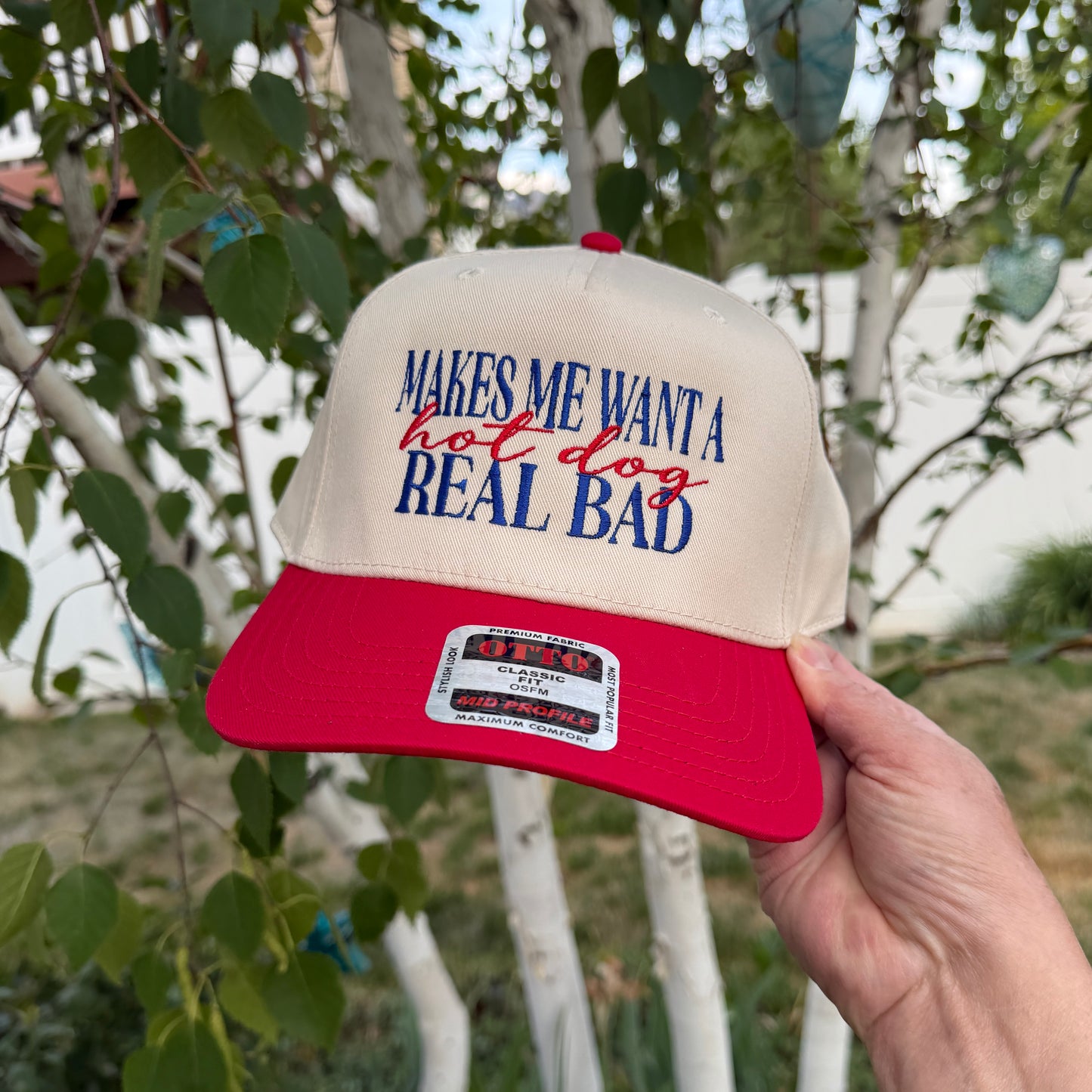 Embroidered Hats- Makes me want a hot dog real bad