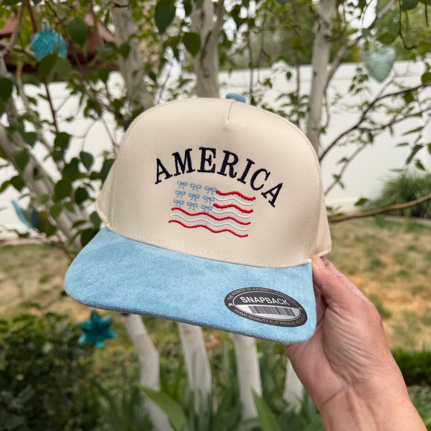 Embroidered Hats- America flag with light blue suede brim