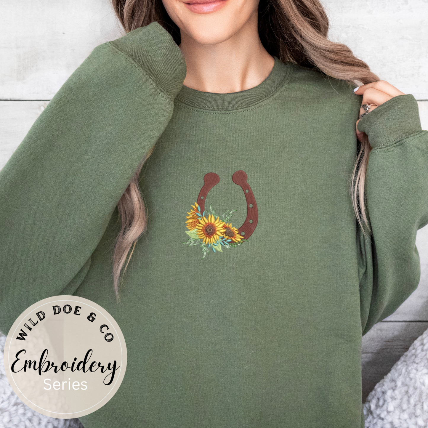 Embroidered Sweatshirt - Horseshoe and Sunflowers