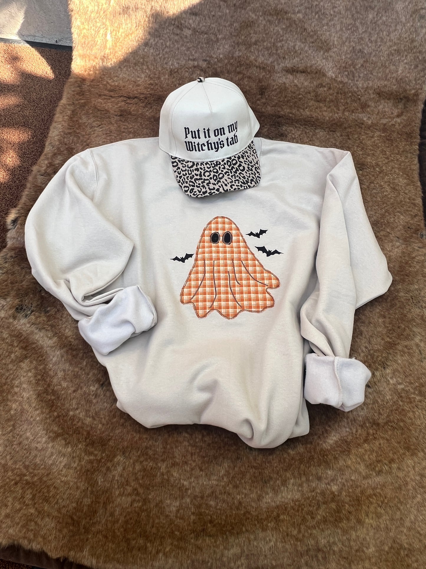 Embroidered Sweatshirt - Vintage Plaid Ghost & Bats