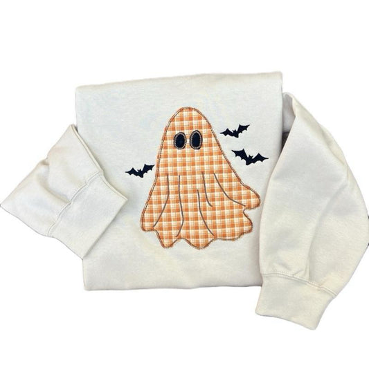 Embroidered Sweatshirt - Vintage Plaid Ghost & Bats