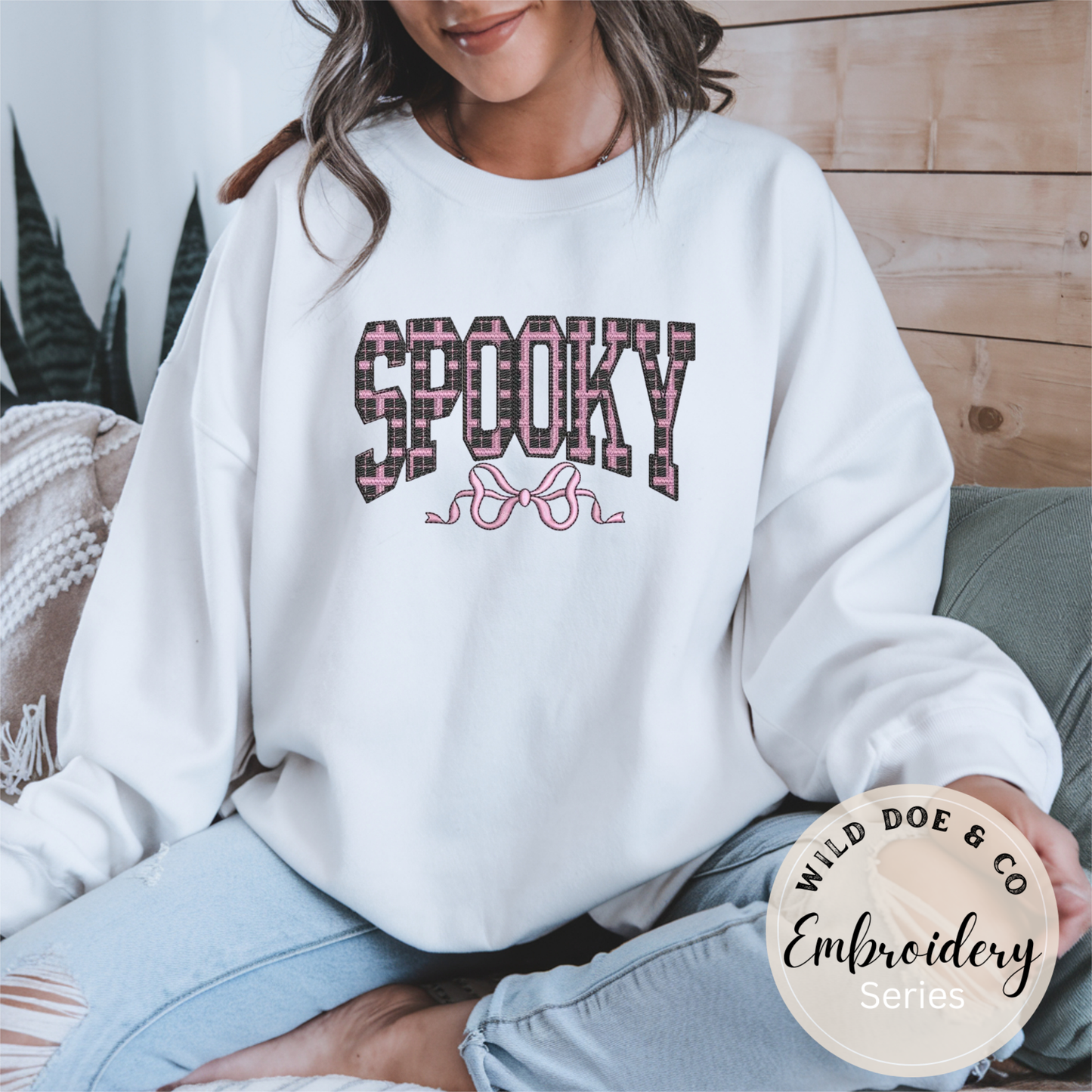 Embroidered Sweatshirt - Plaid Spooky