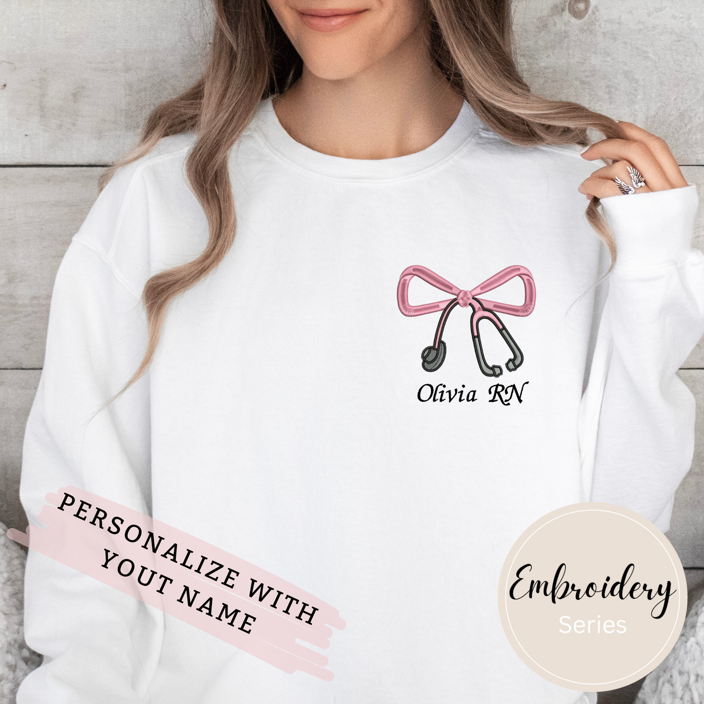 Embroidered Sweatshirt - Personalized Bow & Stethoscope