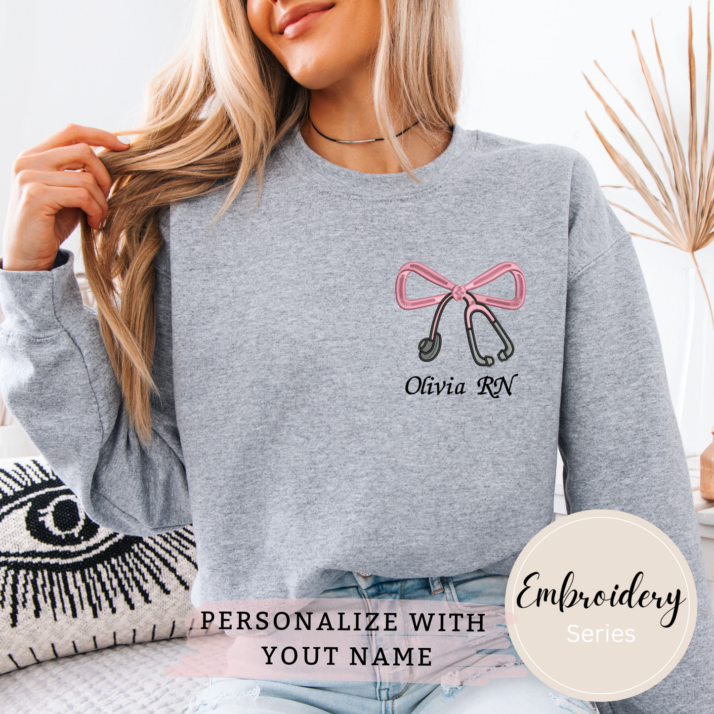 Embroidered Sweatshirt - Personalized Bow & Stethoscope