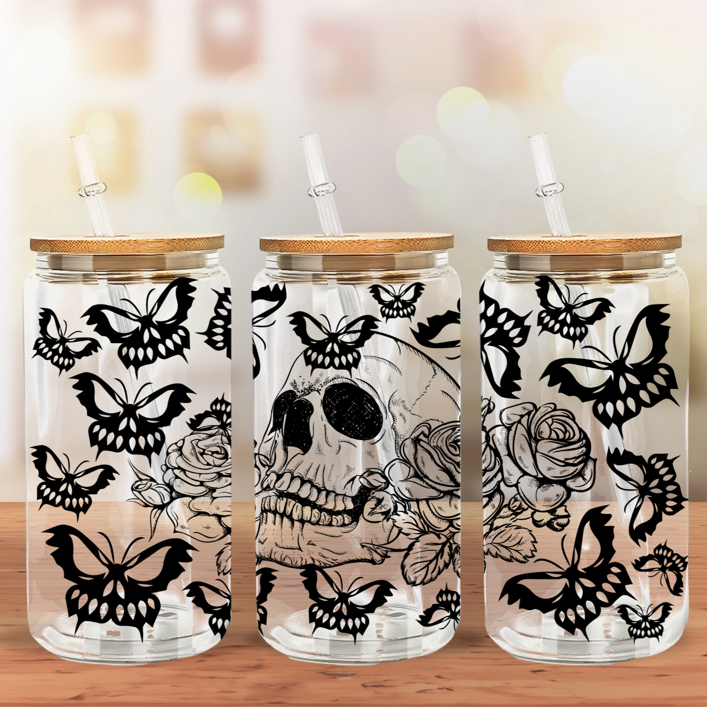 Glass Can- Skull & Butterflies