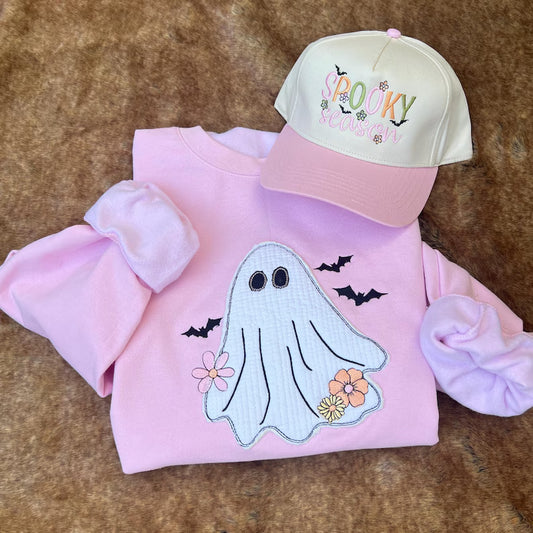 Embroidered Sweatshirt - Vintage Quilt Ghost Boho Appliqué & Flowers