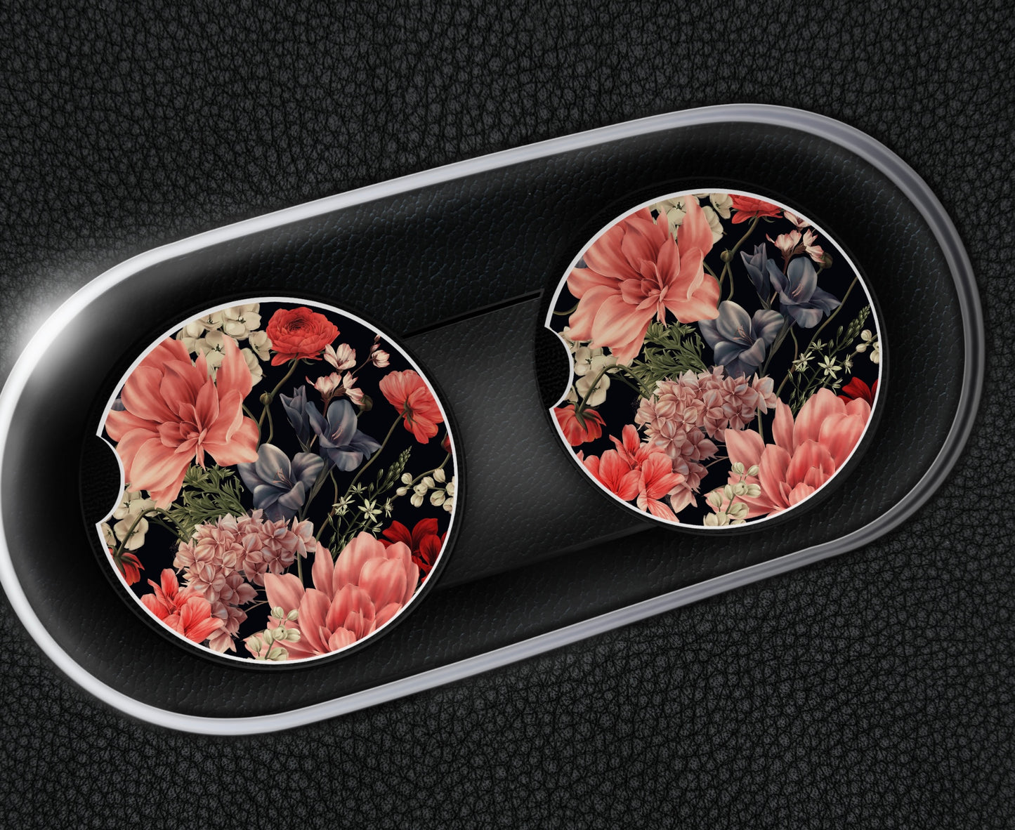 Ceramic car coaster set - Black Floral