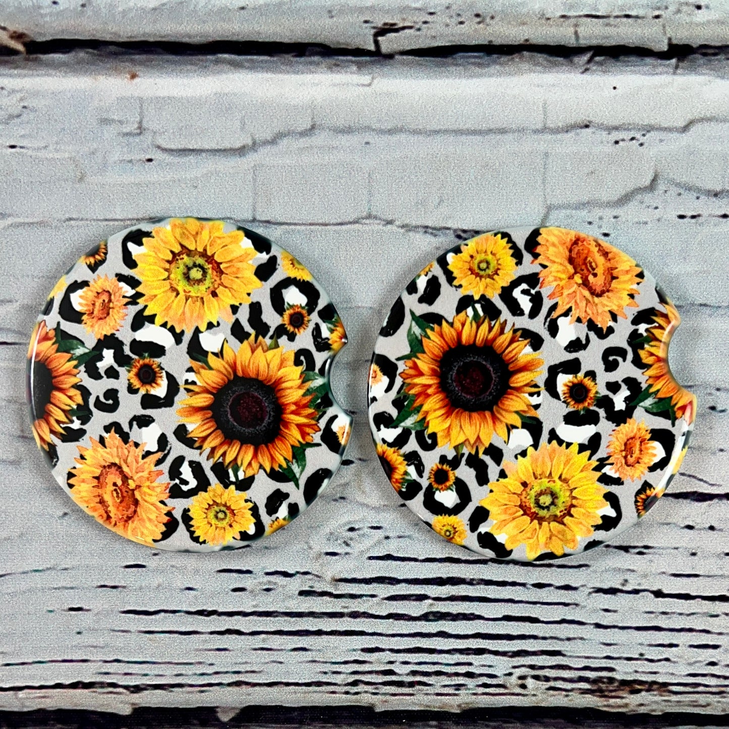 Ceramic car coaster set Black Leopard & Sunflowers