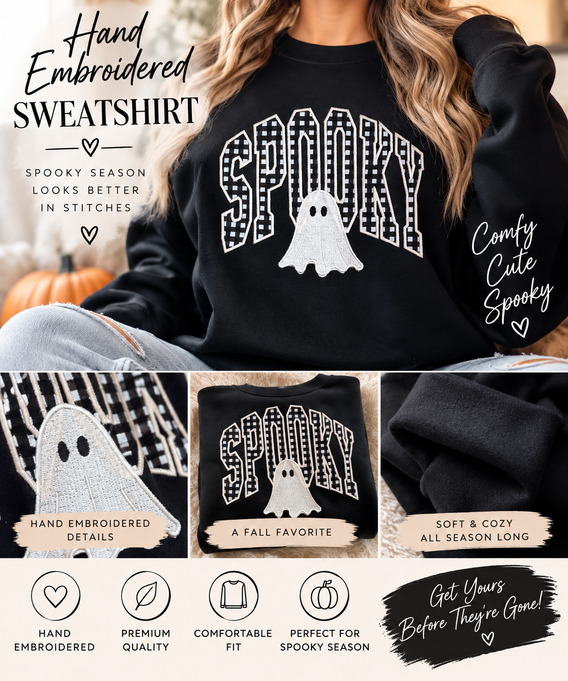 Embroidered Sweatshirt - Checkered Spooky ghost