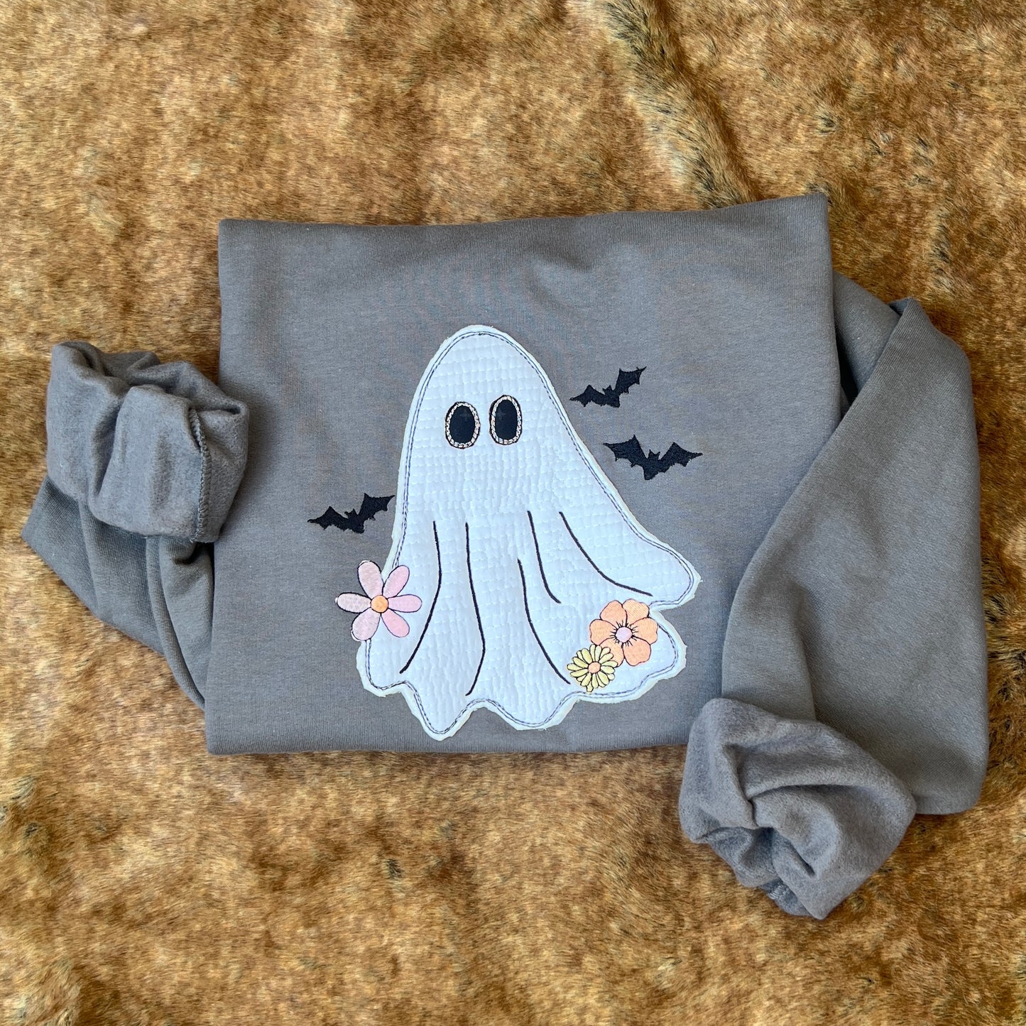 Embroidered Sweatshirt - Vintage Quilt Ghost Boho Appliqué & Flowers