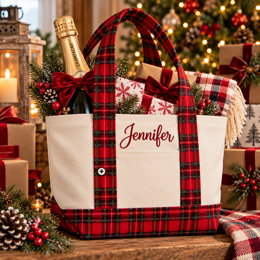 Tote Bags - Personalized Holiday Plaid Tote bag