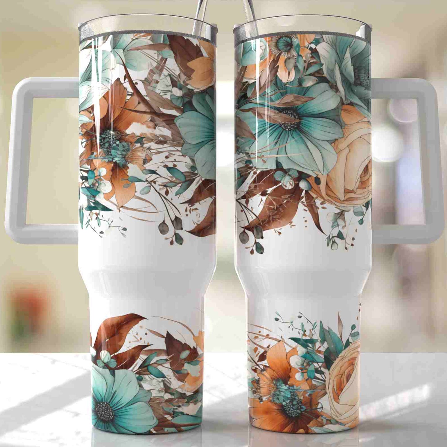 Traveler Tumbler 40 oz- Teal Floral Fox