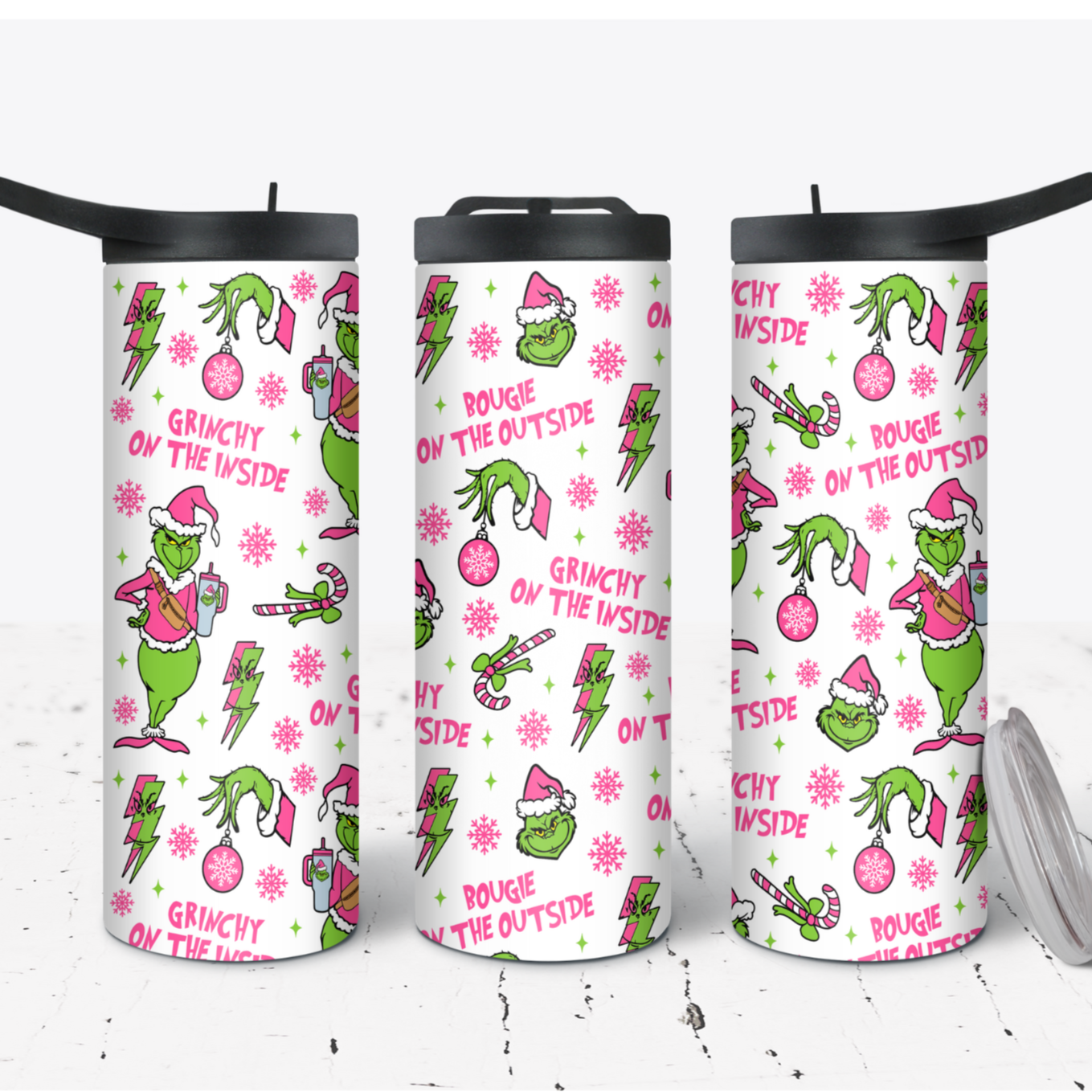 Hydration Duo Bottle 25oz Duo Skinny Tumbler- Boujie on the inside Grinch