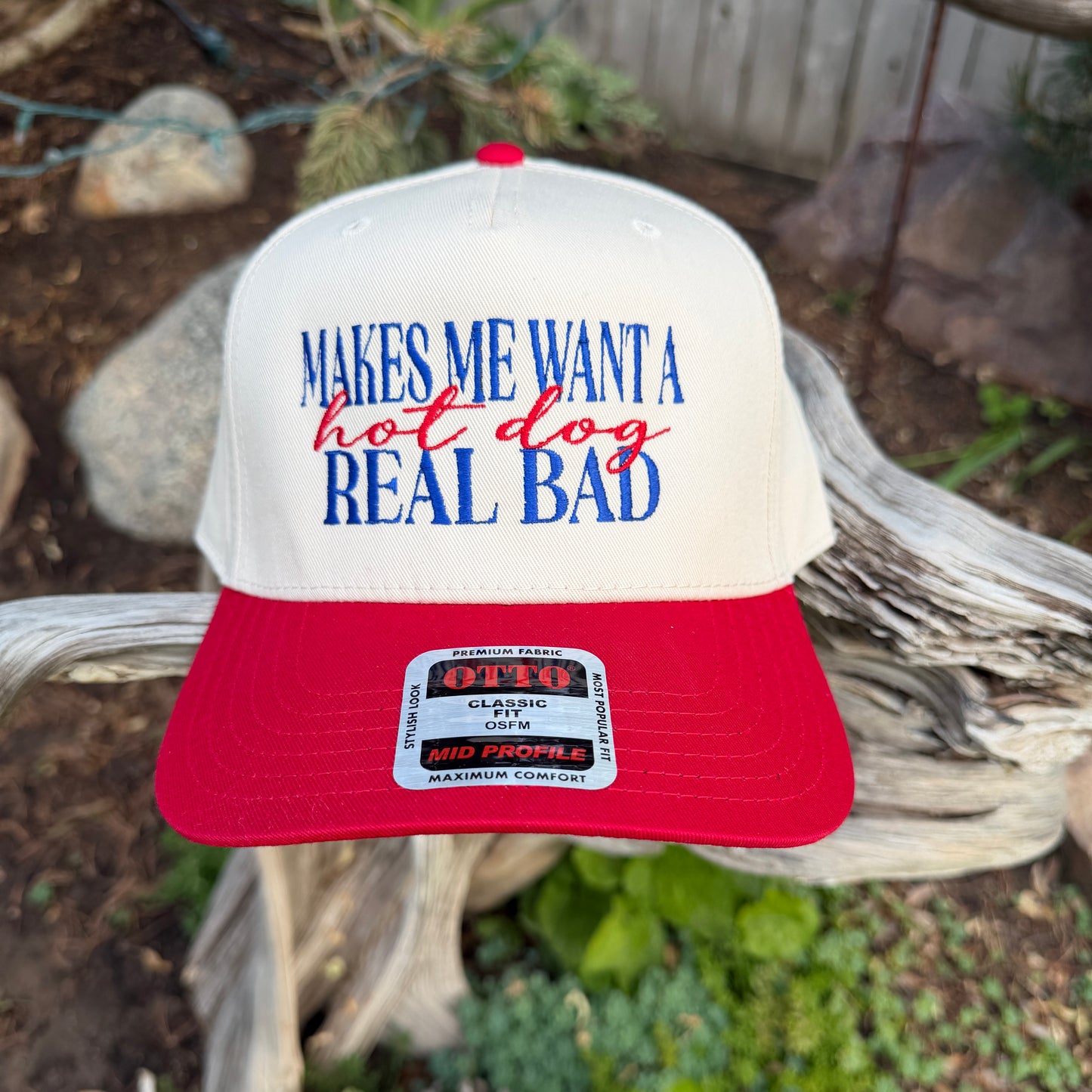 Embroidered Hats- Makes me want a hot dog real bad
