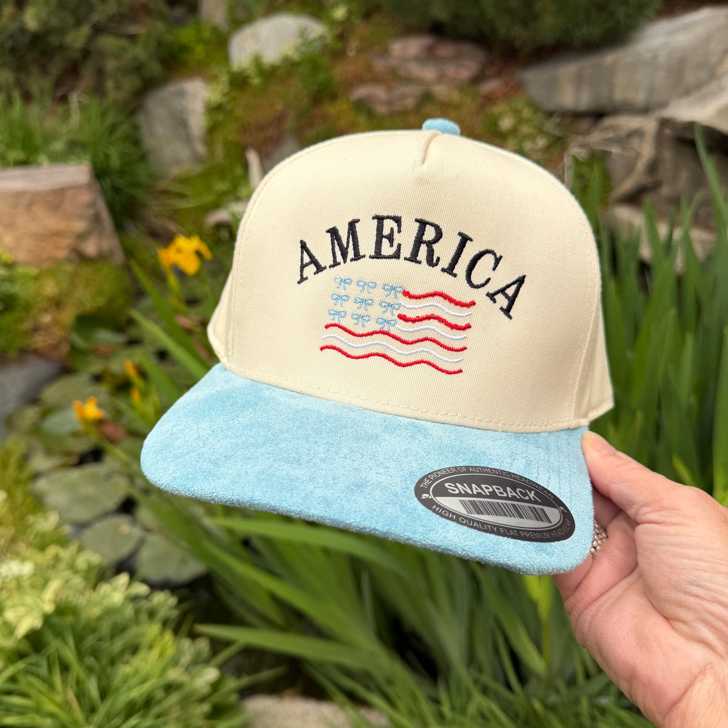 Embroidered Hats- America flag with light blue suede brim