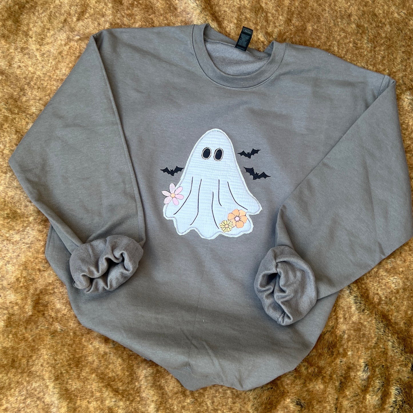 Embroidered Sweatshirt - Vintage Quilt Ghost Boho Appliqué & Flowers