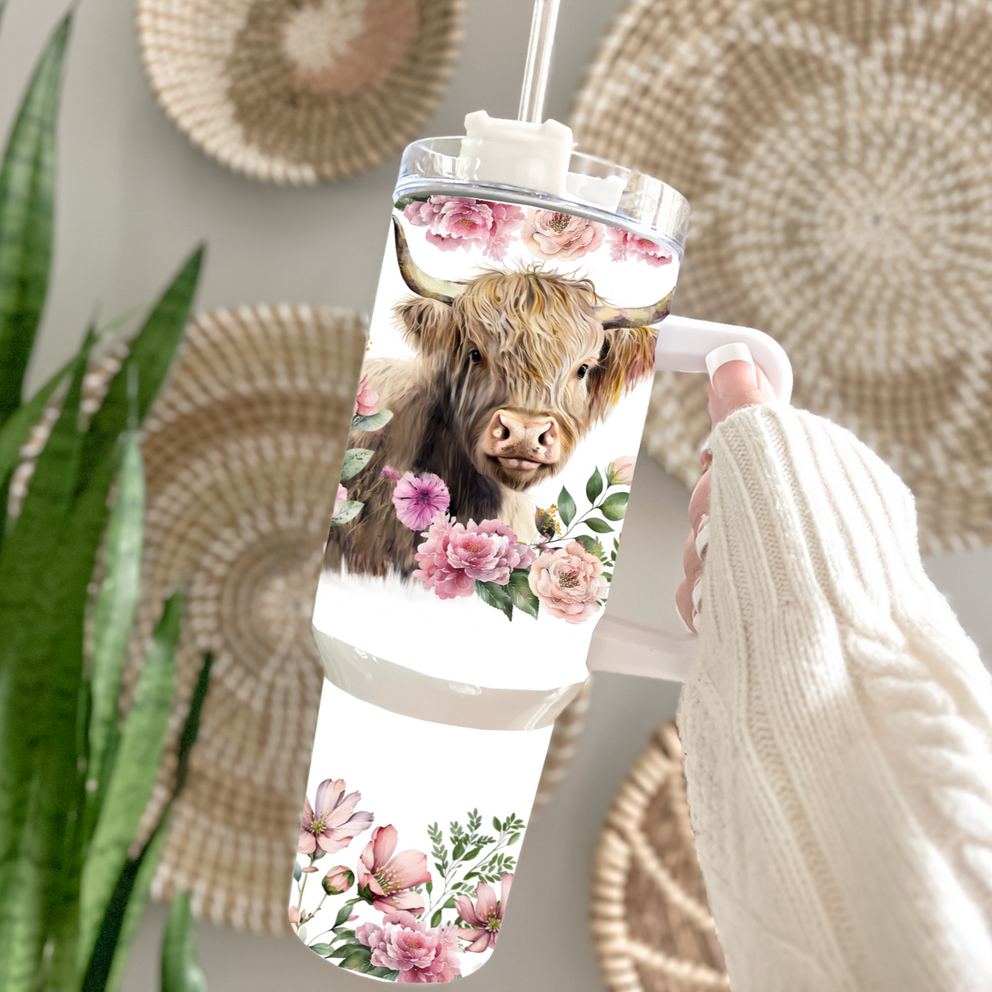 Traveler Tumbler 40 oz- Pink Floral Highlander Cow