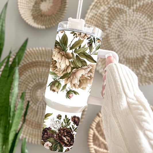 Traveler Tumbler 40 oz- Brown Peonies