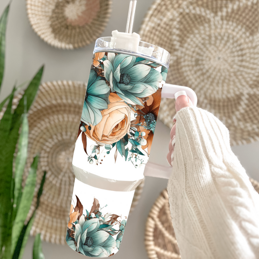 Traveler Tumbler 40 oz- Teal Floral Fox