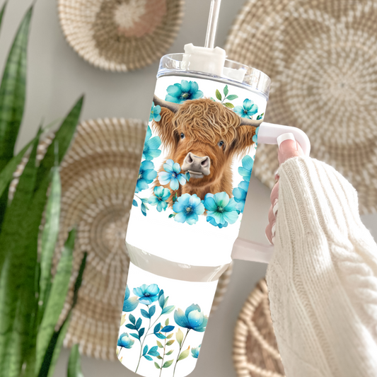 Traveler Tumbler 40 oz- Turquoise Flora Highlander Cow