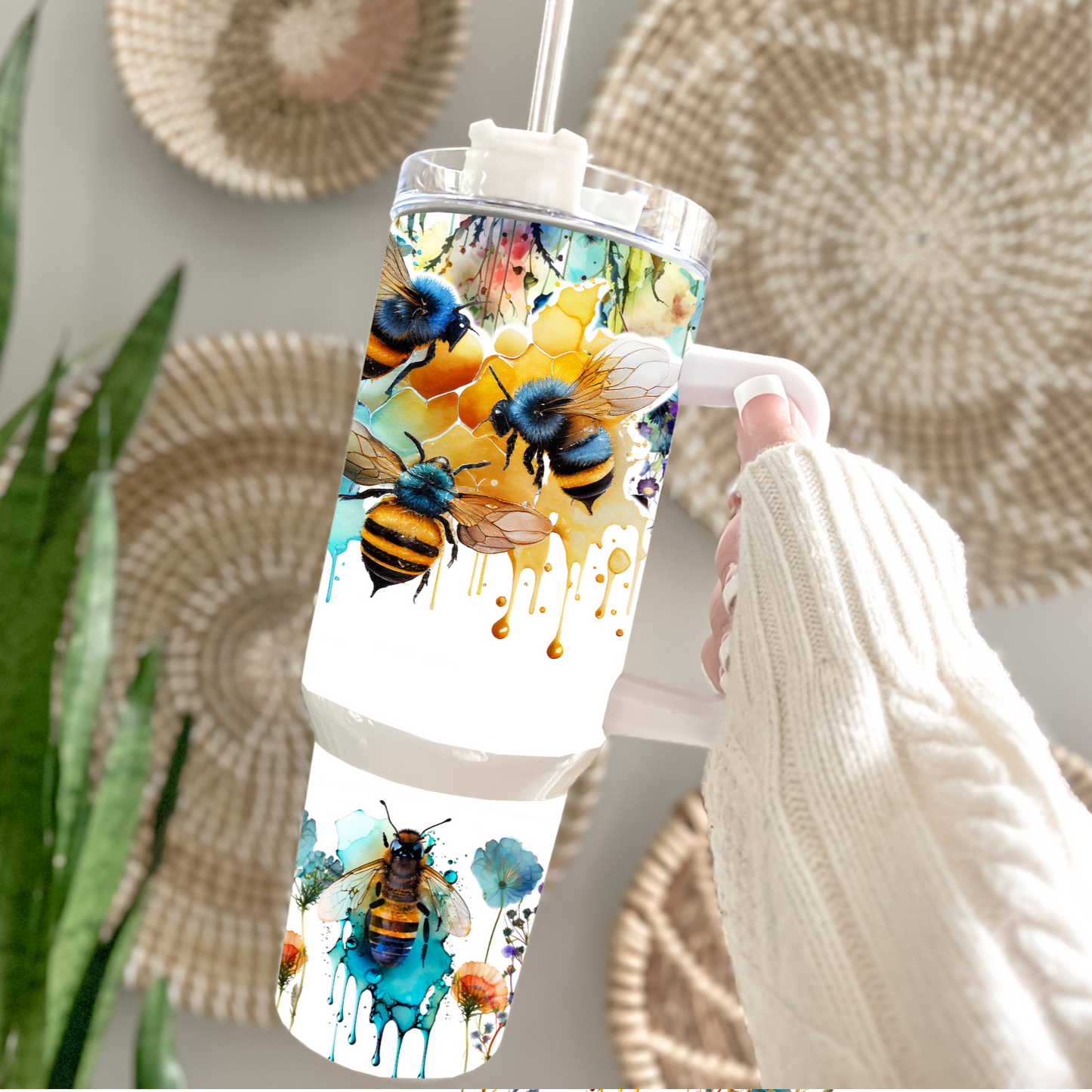 Traveler Tumbler 40 oz- Watercolor wildflowers & Bees