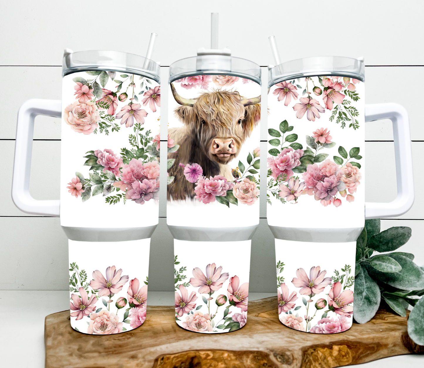 Traveler Tumbler 40 oz- Pink Floral Highlander Cow