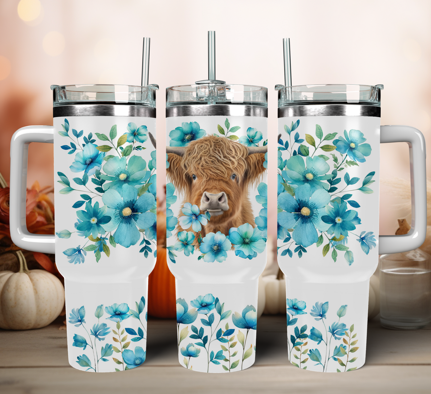 Traveler Tumbler 40 oz- Turquoise Flora Highlander Cow