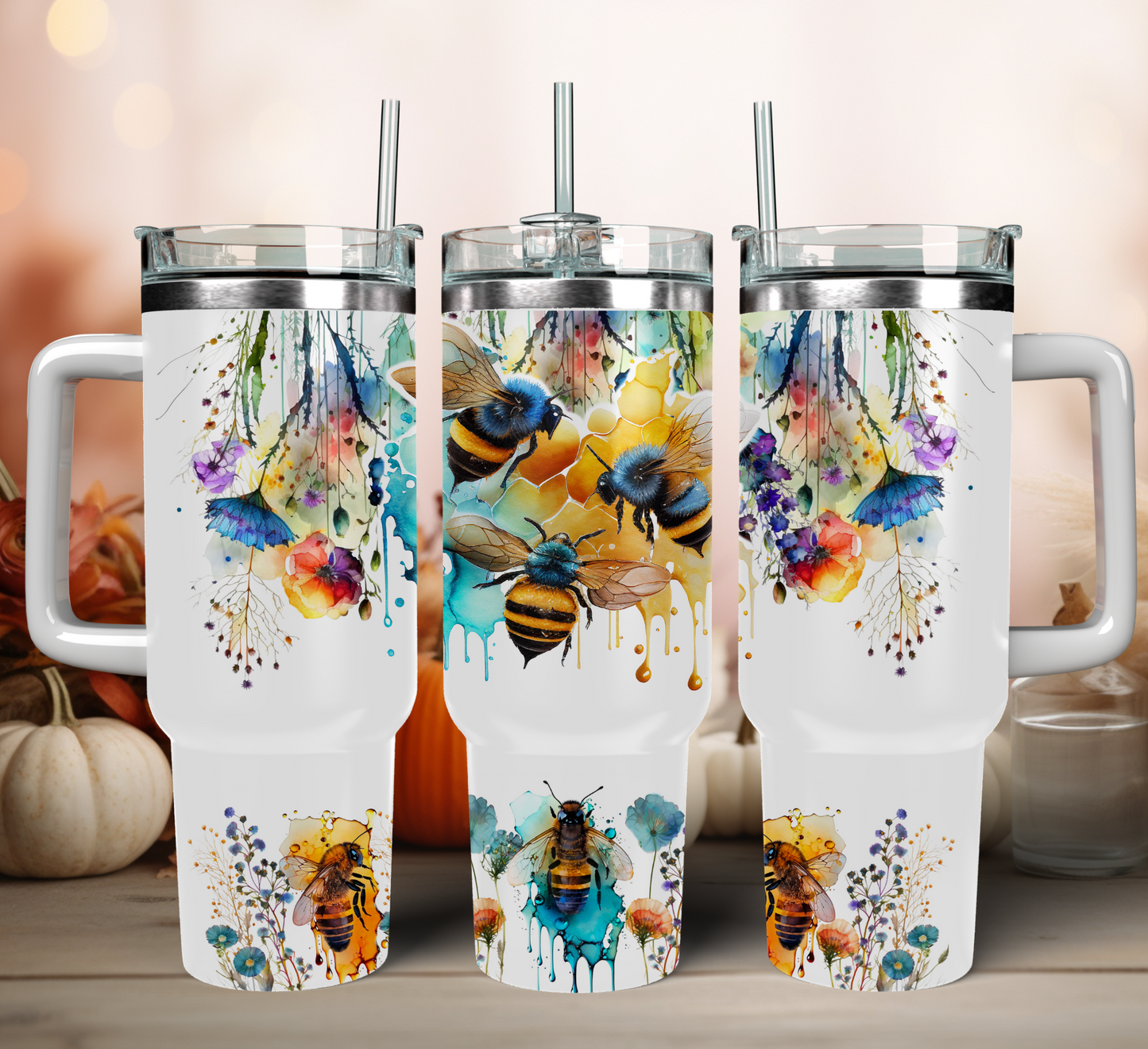 Traveler Tumbler 40 oz- Watercolor wildflowers & Bees