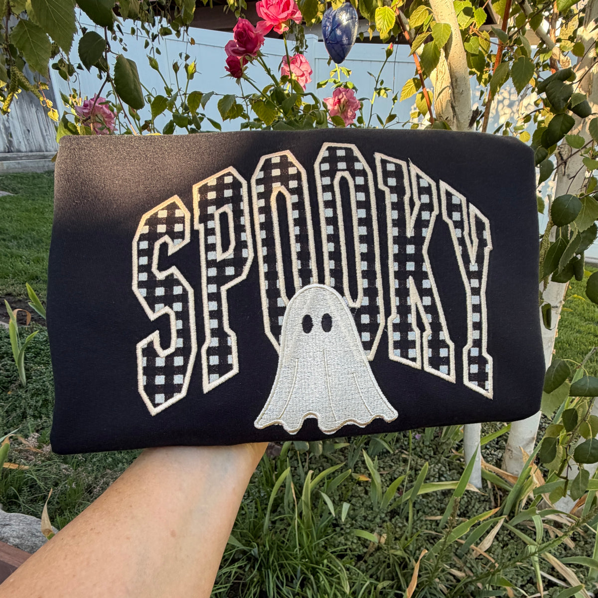 Embroidered Sweatshirt - Checkered Spooky ghost