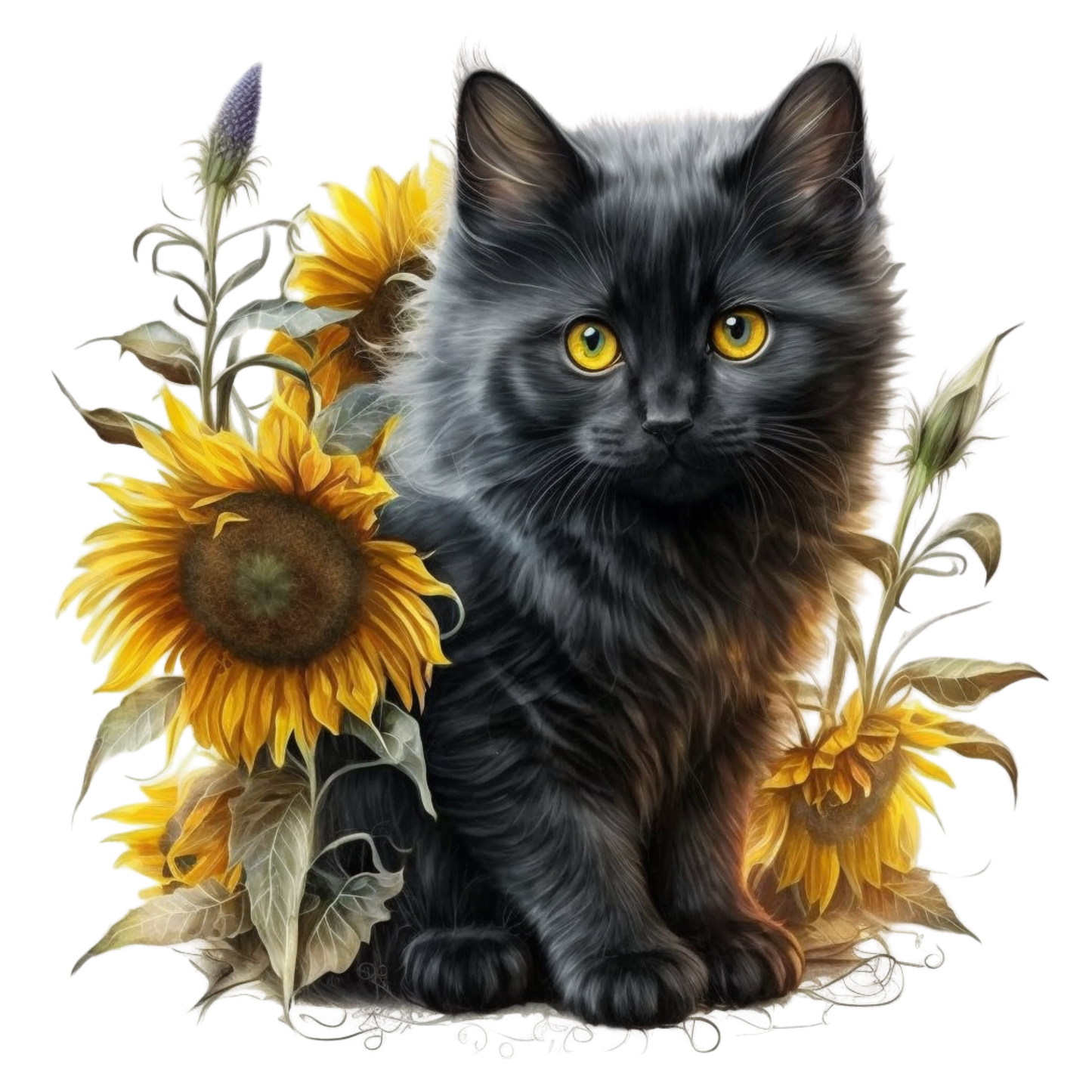 Glass Can- Black cat with Sunflowers