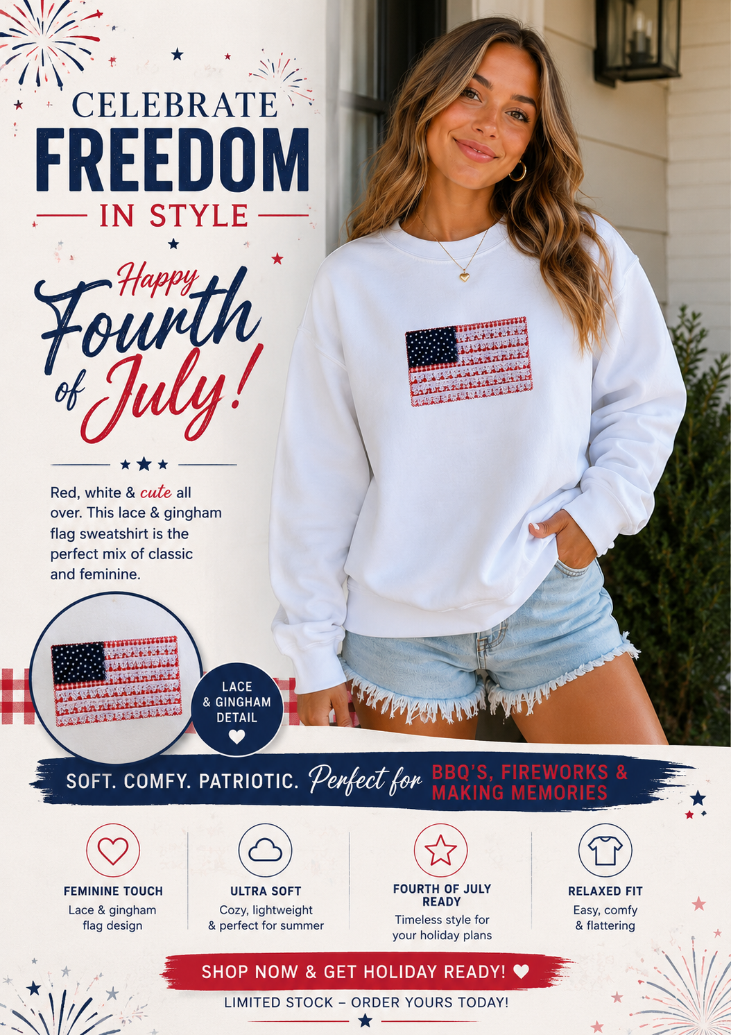 Embroidered Sweatshirt - America Flag lace applique