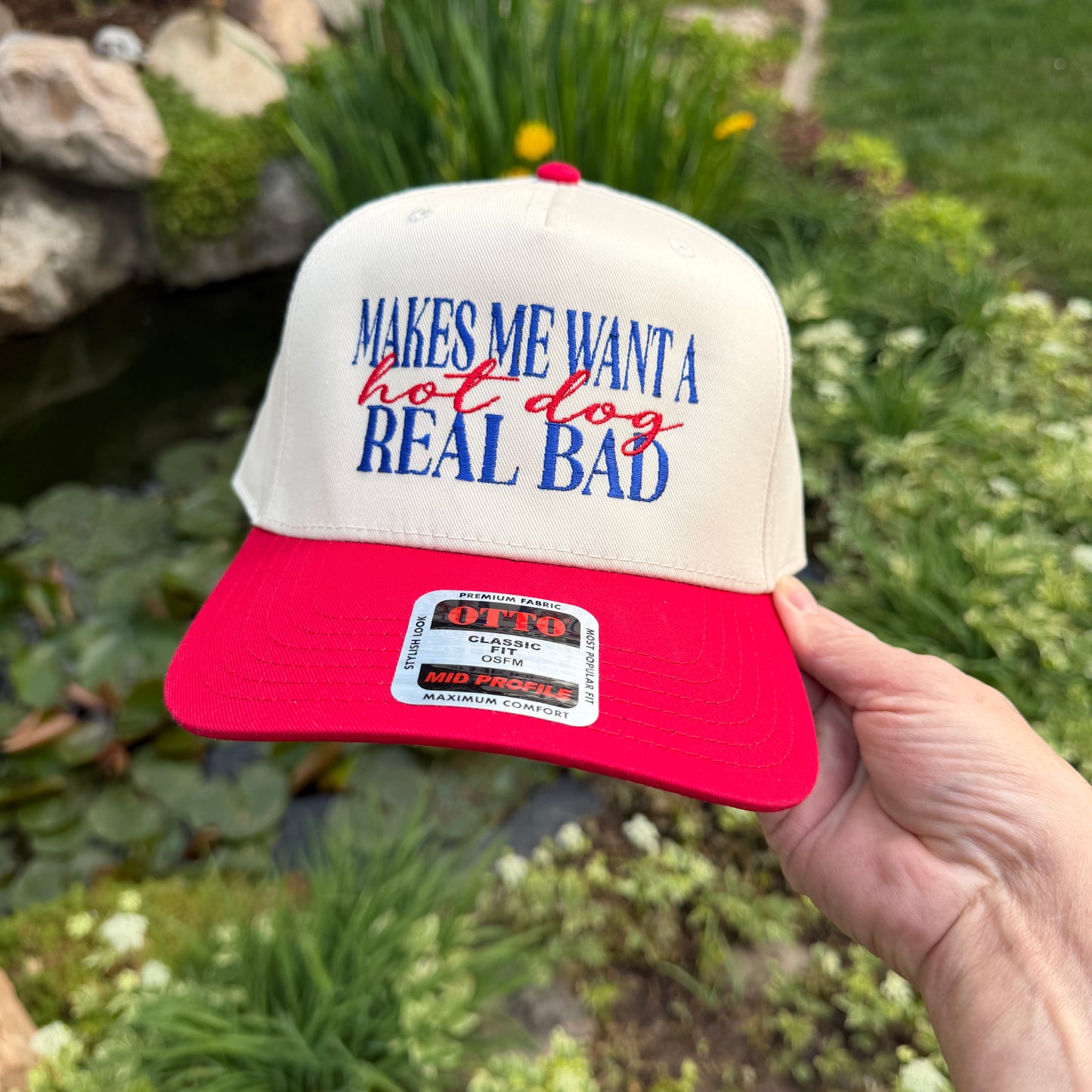 Embroidered Hats- Makes me want a hot dog real bad