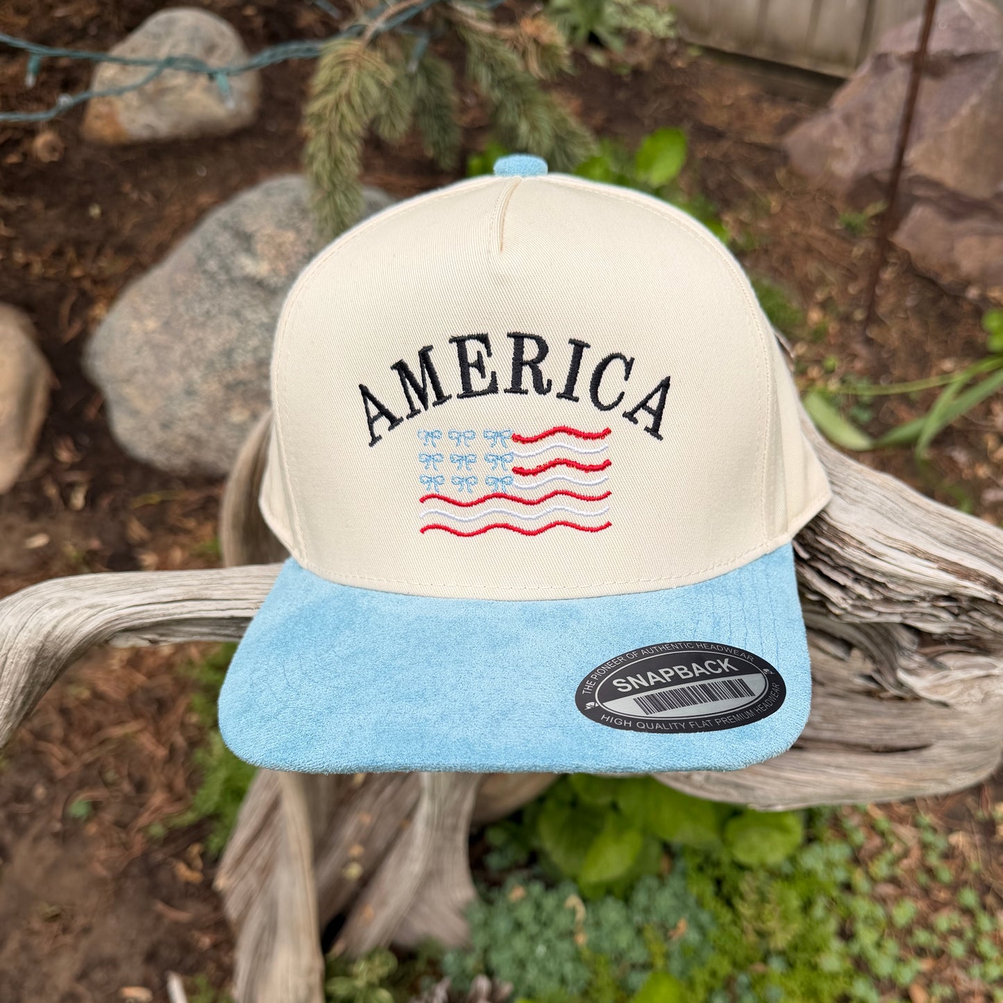 Embroidered Hats- America flag with light blue suede brim