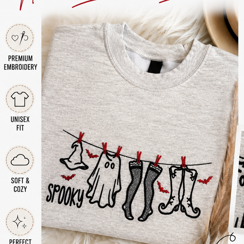 Embroidered Sweatshirt - Witchy Clothesline Spooky