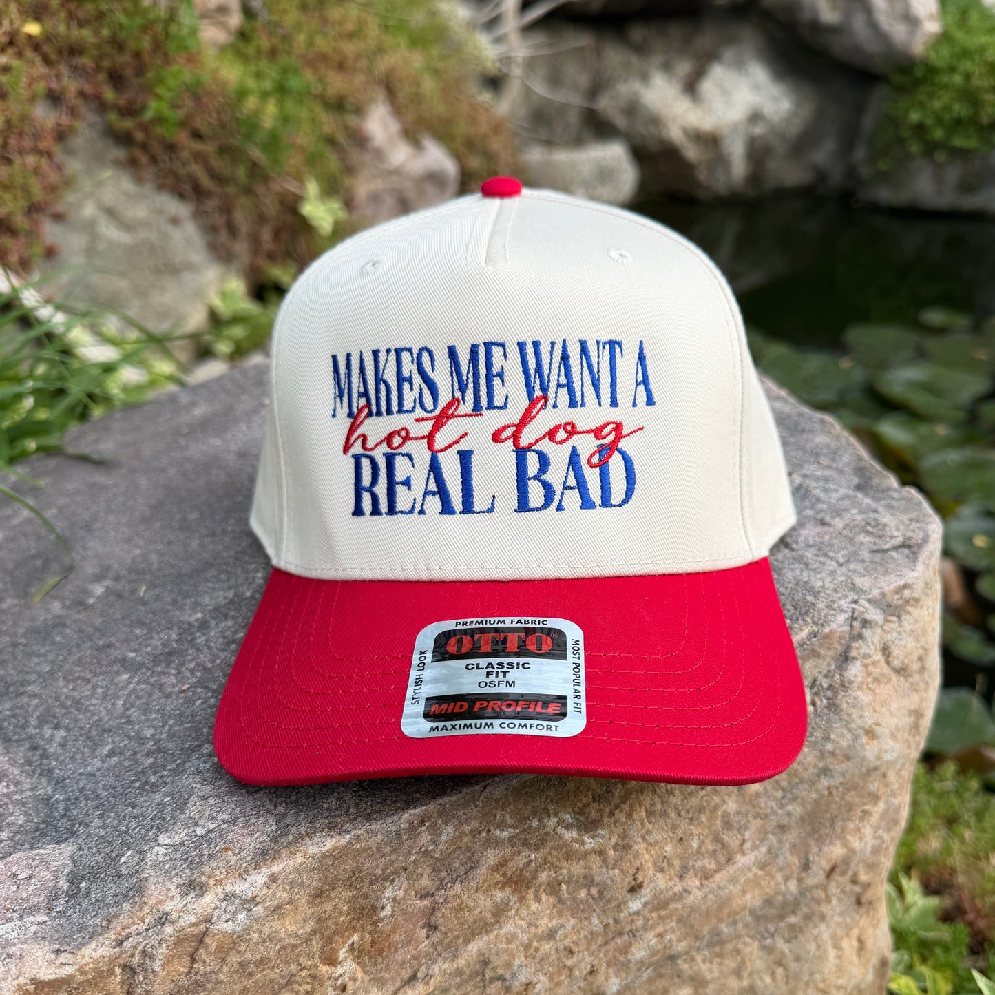 Embroidered Hats- Makes me want a hot dog real bad