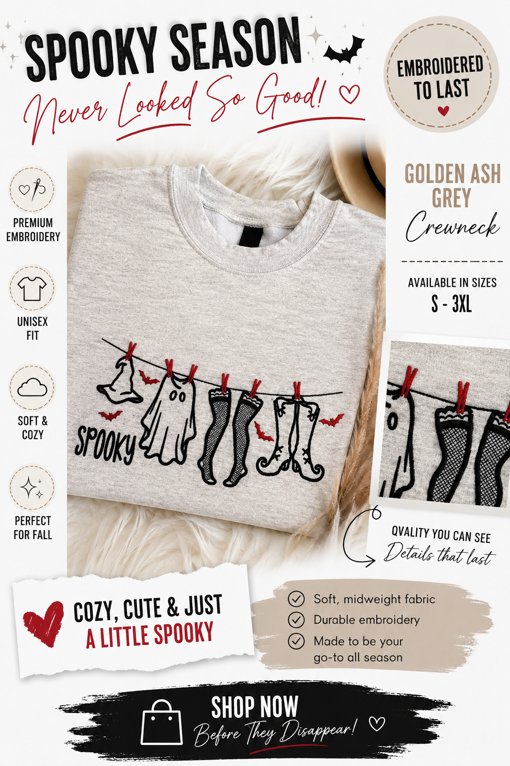 Embroidered Sweatshirt - Witchy Clothesline Spooky