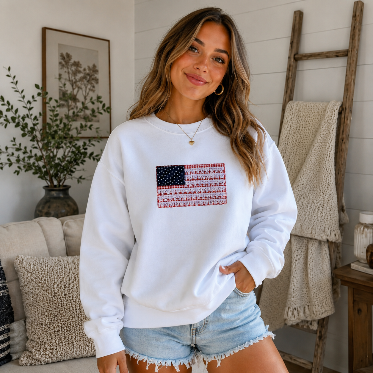 Embroidered Sweatshirt - America Flag lace applique