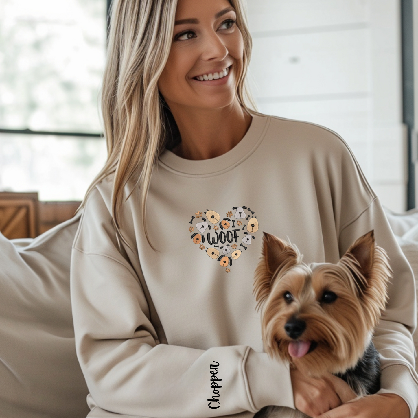 Embroidered Sweatshirt - WOOF dog faces