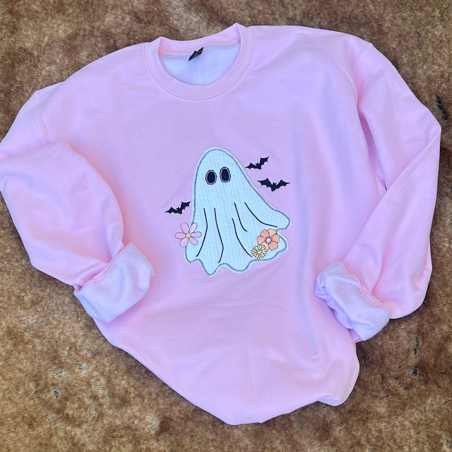 Embroidered Sweatshirt - Vintage Quilt Ghost Boho Appliqué & Flowers