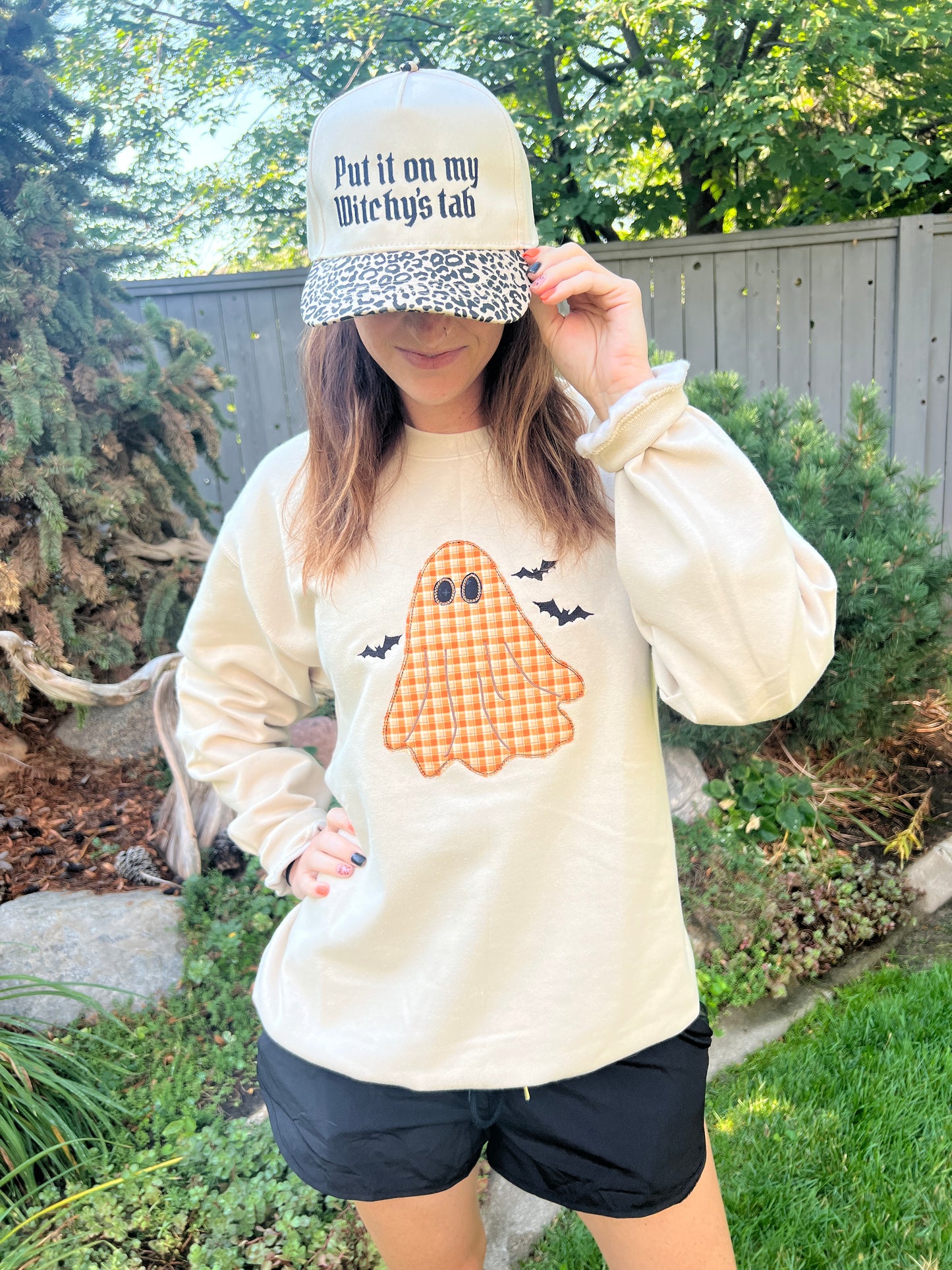 Embroidered Sweatshirt - Vintage Plaid Ghost & Bats