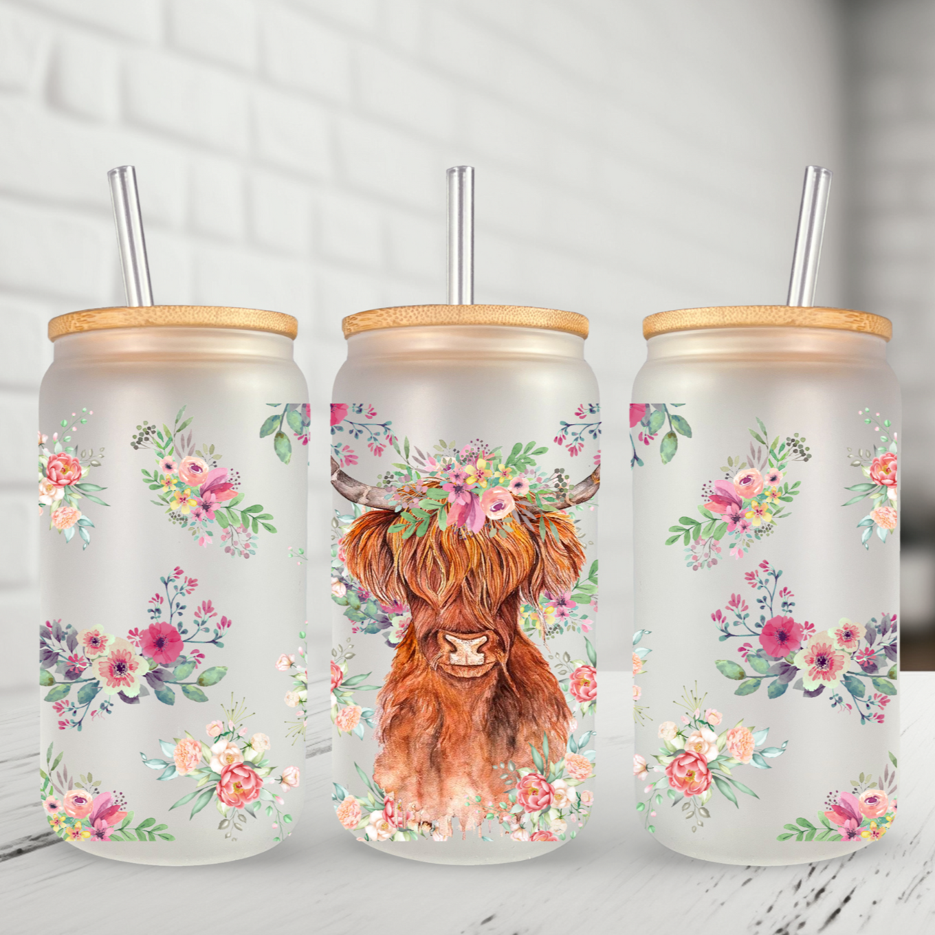 Glass Can- Highlander Cow & Florals