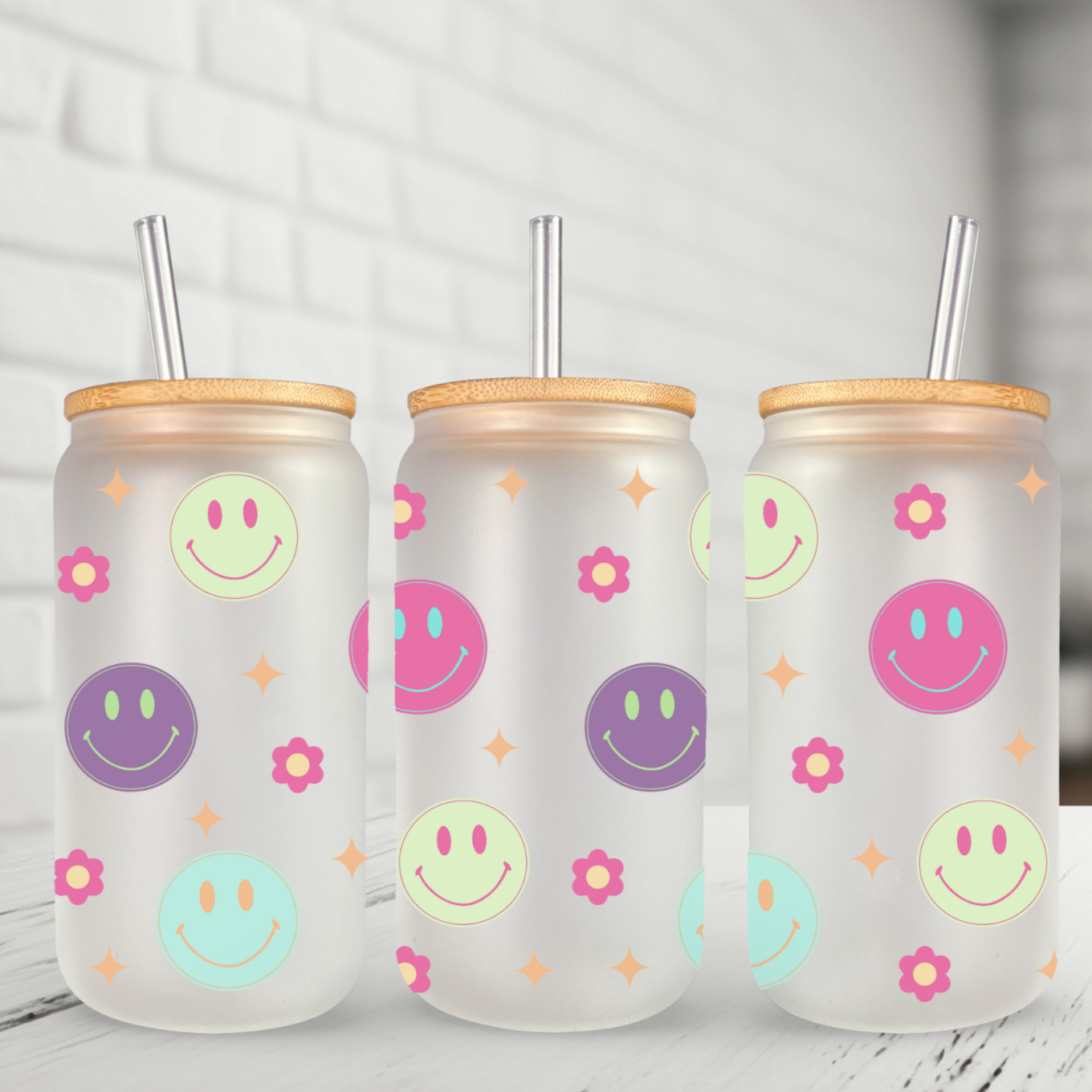 Glass Can- mini flowers & smilies