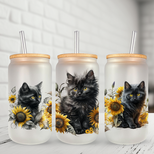 Glass Can- Black cat with Sunflowers