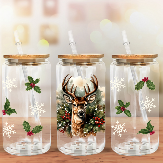 Glass Can- Holly Reindeer