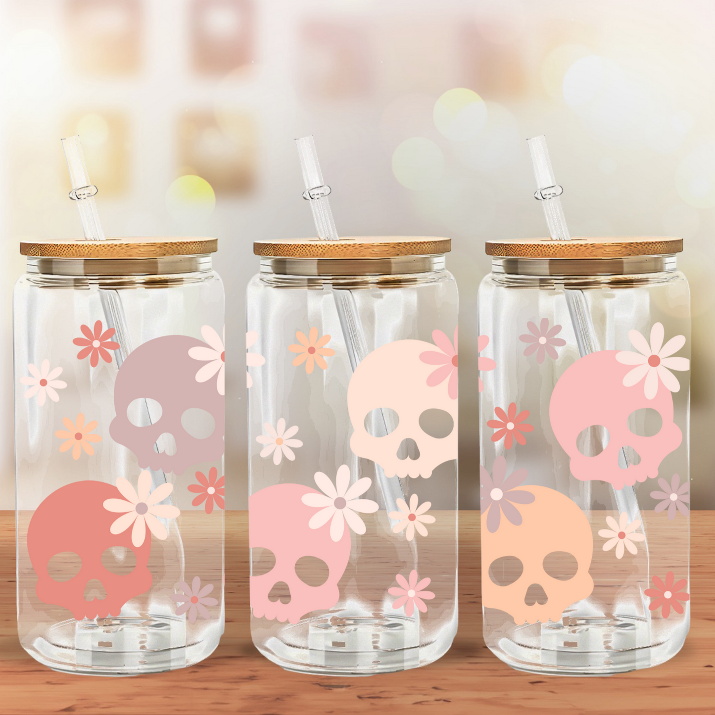 Glass Can- Pink Ombre Daisy Skulls