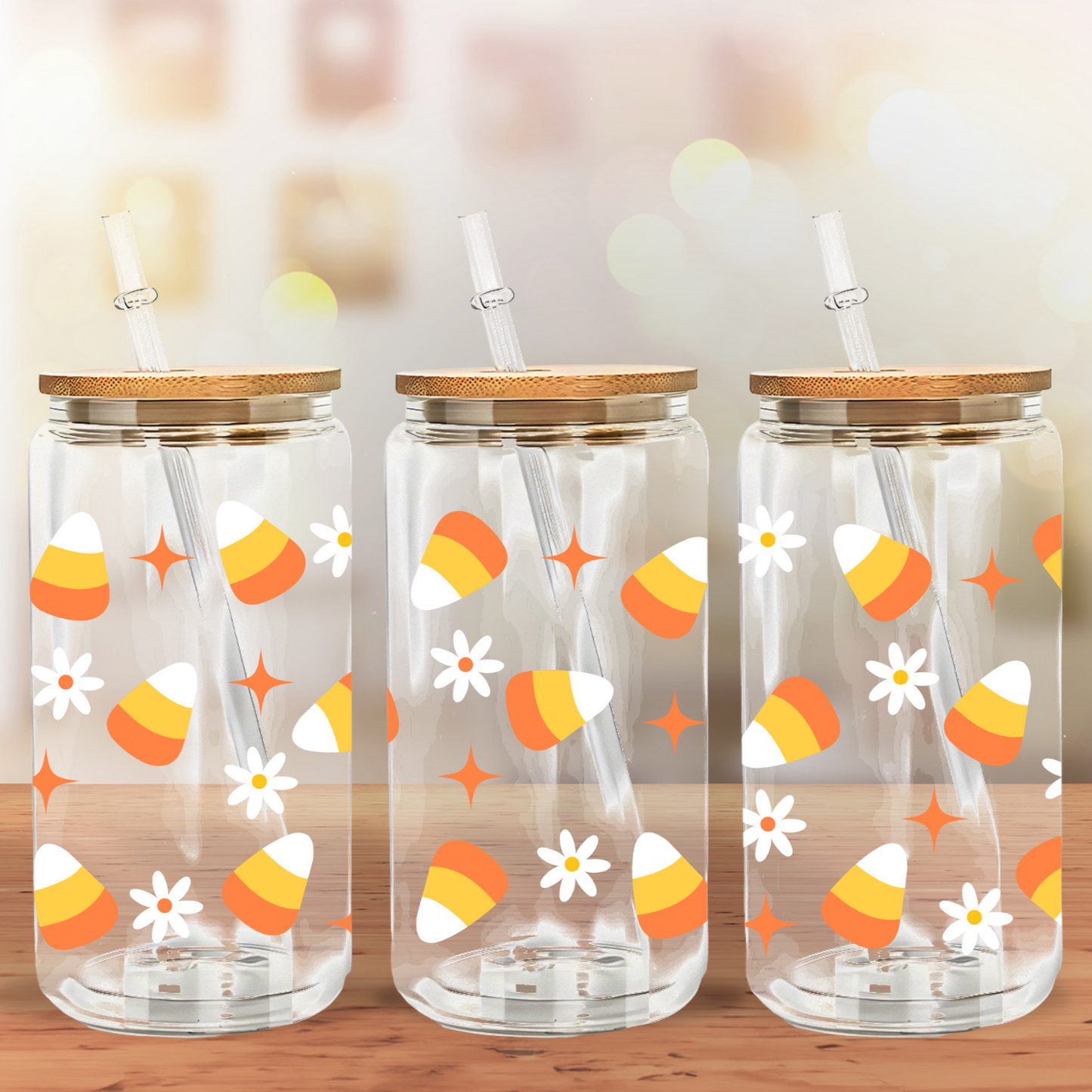 Glass Can- Candy Corn & flowers